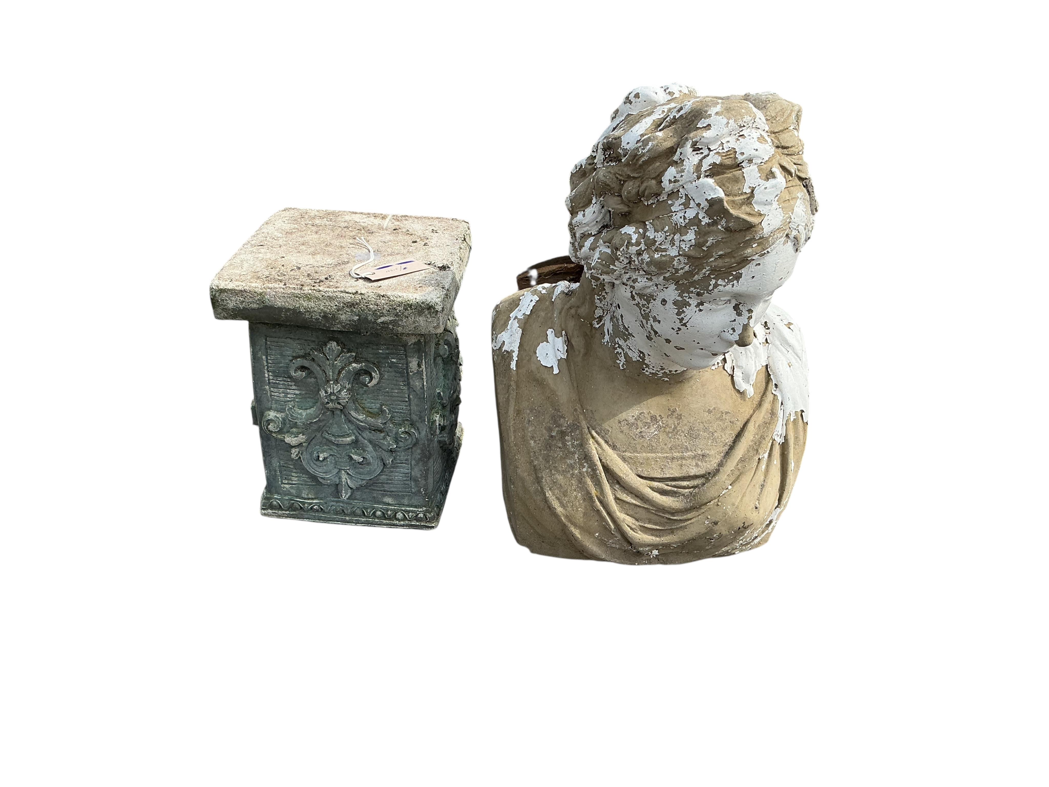 A painted stone garden bust of a female on associated square pedestal, combined height 80cm